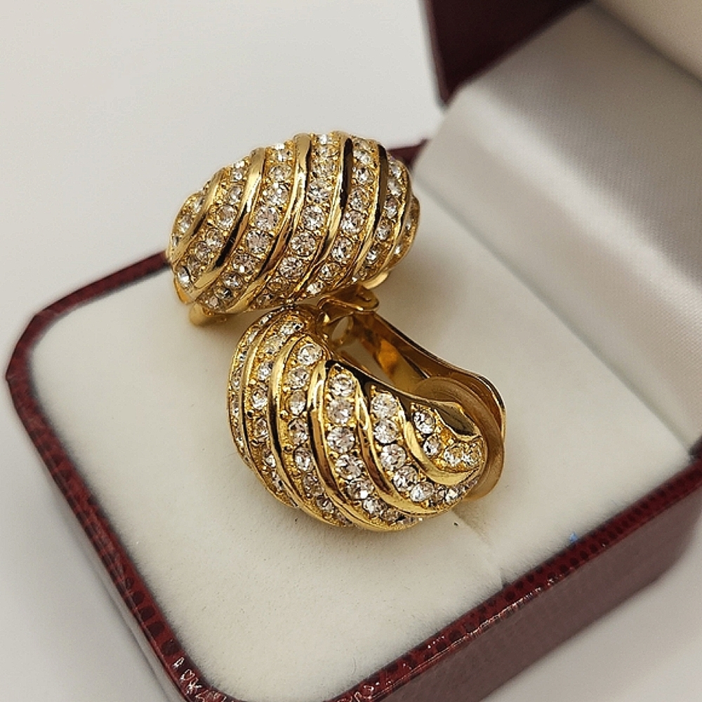 Dior Vintage Pave Crystal Huggie Clip-On Earrings.